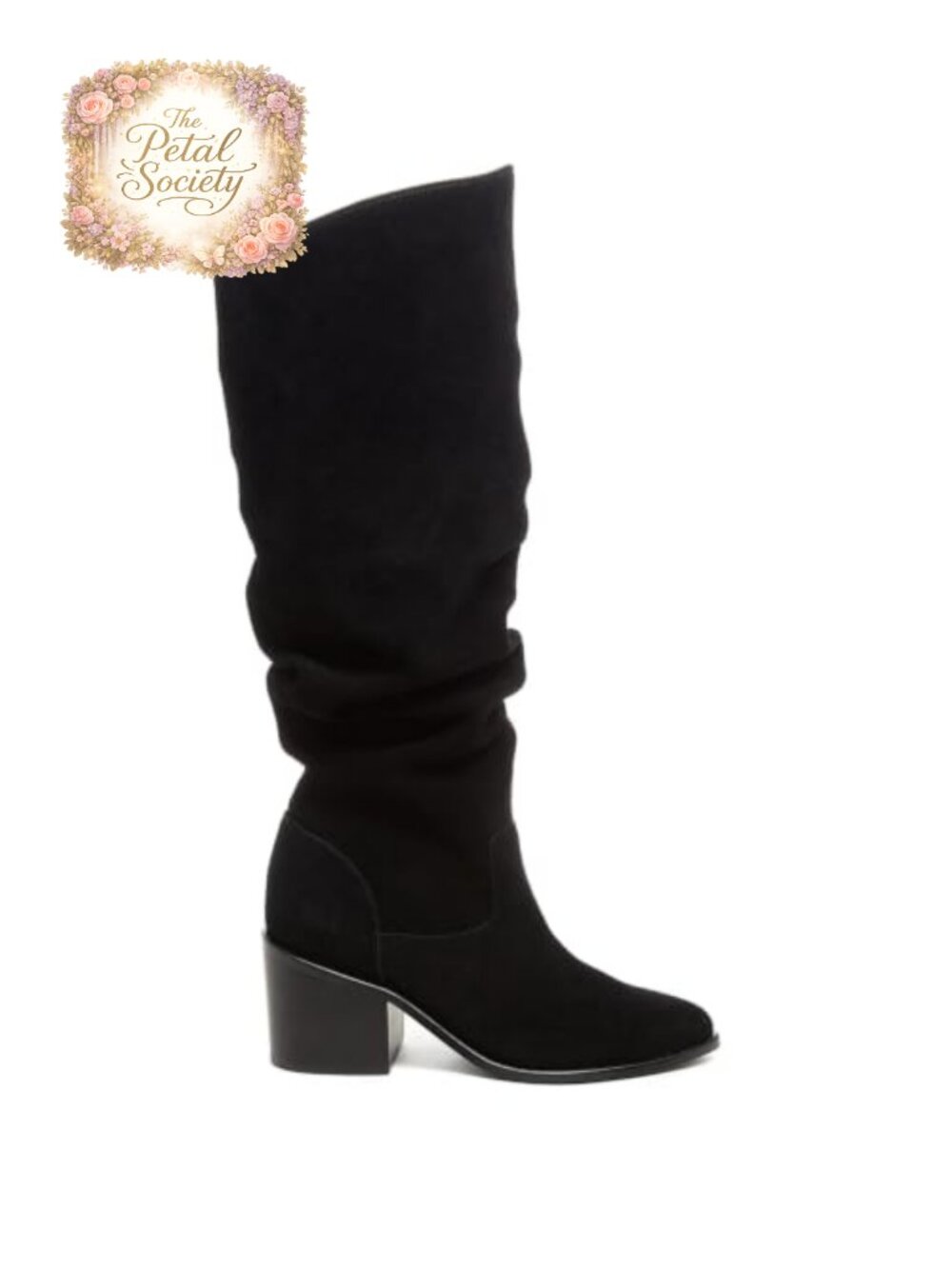 Suede Knee High Boots Pointed Toe Chunky Block Heel Slouch Side Zip Women's